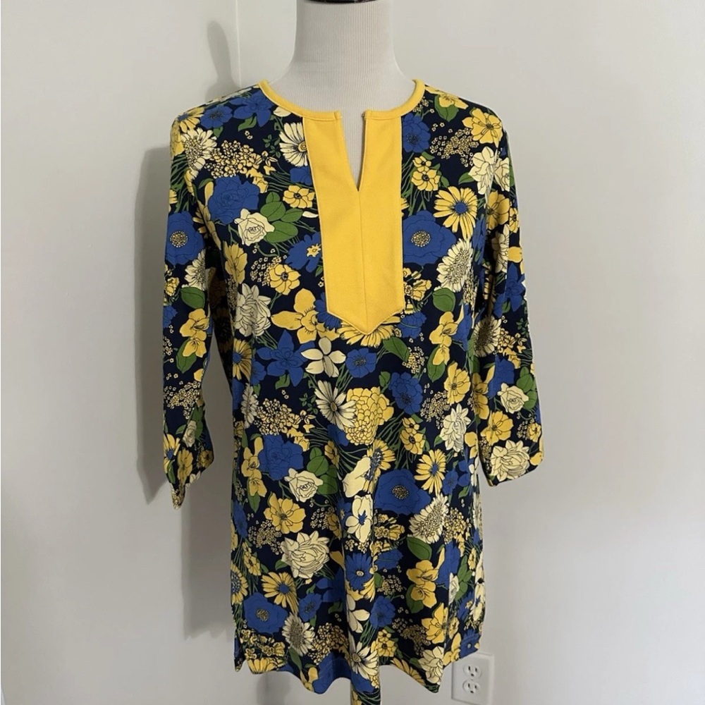 Sport Savvy Sz S Vibrant Floral Tunic Top Blue and Yellow QVC NEW